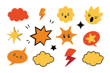 Set of hand drawn manga emotion effects. Markers drawing anime elements, including speech bubble, stars, arrows, fire. Vector