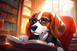 Cartoon smart beagle reads in library. Ideal for educational themes, children’s books, school materials, literacy campaigns, promoting libraries, learning apps, and bookstores