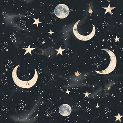 Wall Mural - Celestial Patterns: Stars and Moons on a Dark Background