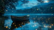 © Oranuch - Tranquil boat floating on a moonlit lake, surrounded by fireflies, serene and magical