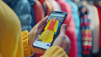 Wall Mural - Close-up of a hand holding a smartphone with a shopping app open, adding stylish clothes to the virtual cart for purchase.