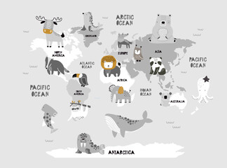 Vector world map for kids with cute animals. Children's map design for wallpaper, kid's room, wall art. America, Europa, Asia, Africa, Australia, Arctica. illustration. Animal world. Continents.