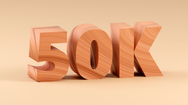 Luxury sign 50k made of wood online internet media blog followers 3D render illustration