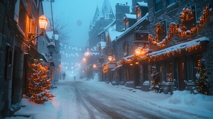 Winter evening in Quebec City with snow-covered streets and festive decorations lighting up the historic Old Town. The cold air is filled with the soun