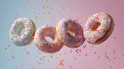 Wall Mural - Flying Frosted sprinkled donuts. Set of multicolored doughnuts with sprinkles isolate on color background. 3d rendering.