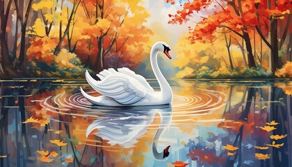 Wall Mural - Paint a scene of tranquility with a solitary swan gracefully gliding across a serene pond, its reflection rippling in the water cygne, oiseau, eau, lac, animal, blanc, nature, faune 