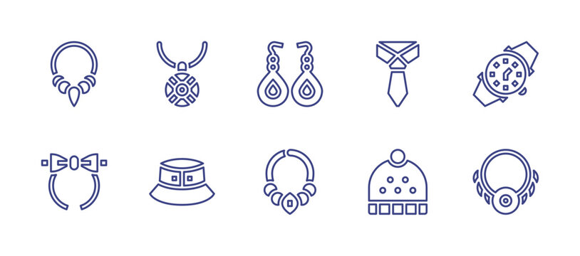 Accessories line icon set. Editable stroke. Vector illustration. Containing necklace, earrings, accessory, winter hat, watch, diadem, hat, tie.