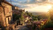 The warm glow of sunset bathes an old Tuscan village, with its historic stone buildings and rolling hills in the background. Resplendent.