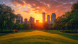 © VISUAL BACKGROUND - A city park with the sun setting behind the buildings.