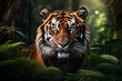 Intense tiger gaze in verdant jungle; ideal for wildlife themes, nature blogs, or educational use