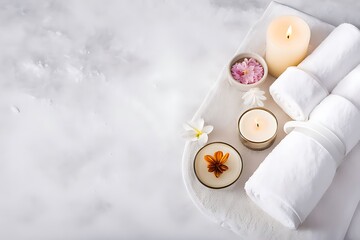 Wall Mural -  Spa background towel bathroom white luxury concept massage candle bath. Bathroom white wellness spa background towel relax aromatherapy flower accessory Zen therapy aroma beauty setting table salt oi