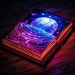 © Sweettymojidesign - An open book reveals a neon black light sgraffito solar system, combining classical education with modern visuals, sharpen banner template with copy space on center