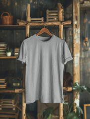 Wall Mural - gray t shirt mockup, hanging on wooden ladder generative by ai