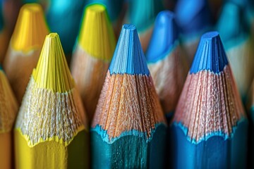 Wall Mural - Macro shot of a vibrant assortment of colored pencils with a focus on textures and sharp points