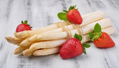 bunch of green raw asparagus decorated with fresh strawberries on bright wide wood background as copy space