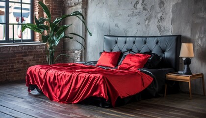 Wall Mural - black bed in a loft with red satin bedding