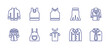 Clothing line icon set. Editable stroke. Vector illustration. Containing shirt, clothes, overall, tank top, pijama, jacket, pants, trench coat, coat.