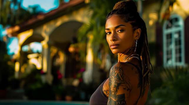 African American woman, masculine with dreads and tattoos standing in front of a mansion.