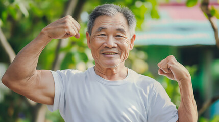 Smiling elderly patient Asian man flexing muscles and looking at camera feels healthy. Elderly healthcare concept. Showing biceps, muscles