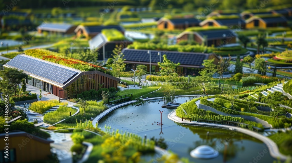 A modern sustainable park featuring green-roof buildings, solar panels ...