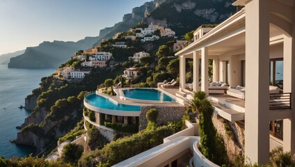 Wall Mural - Luxury villa on Amalfi Coast, panoramic views of Mediterranean, cliffside terraces.