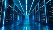 High-Tech Data Servers. Rows of blue-lit server racks in a modern data center, symbolizing vast data storage