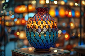 Wall Mural - The stunning colorful glass lamp with a bokeh backdrop creates a magical and festive atmosphere, ideal for lighting decor