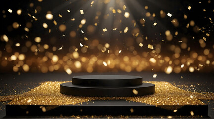 Background black podium stage gold award glitter light 3d platform product golden pedestal. Podium show black background abstract elegant ceremony dark display spotlight effect confetti night scene