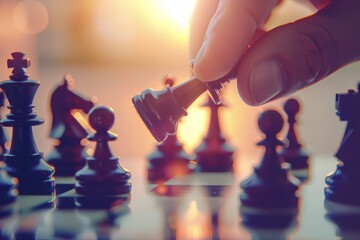 A close-up of a hand delicately moving a chess piece on a board, showcasing the intricate details, set against a soft, luminous background. An illustrative masterpiece.