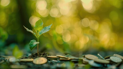 Wall Mural - Seedling grow on pile coins for business finance and investment growth concept. Generated AI