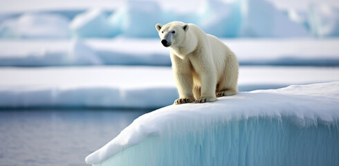 polar bear stands on a melting ice floe, global warming, melting ice, environment