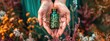Bottles with tincture of medicinal herbs in the hands of a woman. Selective focus.