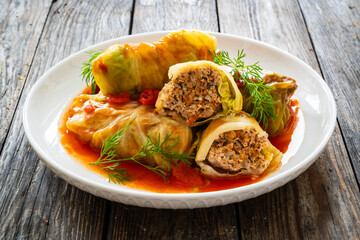 Wall Mural - Wrapped minced meat in cabbage leaves - polish dish gołąbki
