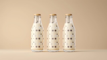 Wall Mural - Celebrate World Milk Day with these innovative zero waste isometric glass milk bottles featuring a striking Sameless Milk pattern in a realistic 3D rendering