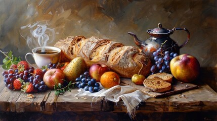 Wall Mural - A rustic still life painting of a wooden table overflowing with colorful fruits, a loaf of fresh bread, and a steaming cup of coffee