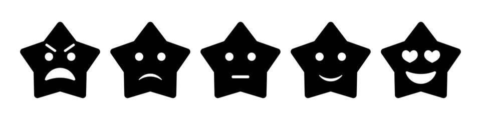 Aufkleber - Rating emoji stars set with face for customer feedback or product experience in black and white. 5 star rating emoji vector set.