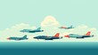 Military fighter jets in formation flat design side view defense theme animation Complementary Color Scheme.