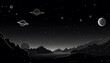 Meteor shower flat design front view cosmic event theme cartoon drawing black and white.