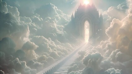 Wall Mural - people walking to the light in heaven. Standing in a row waiting to go to heaven in white clouds. Christian prayers are in queue praying to the Jesus. Believe in God 4k video Heaven gate