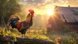 © armensl - Beautiful rooster on a farm in the rays of the setting sun. Portrait of a rooster with bright plumage. The rooster is resting on the green grass in the rays of the setting sun. Year of the rooster.