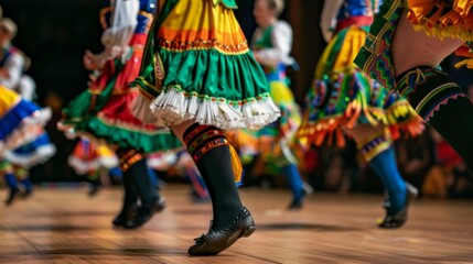 A traditional Irish step dance competition, dancers in brightly colored costumes move with precision and grace, their feet tapping rhythmically on a wooden stage.