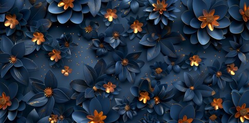 Canvas Print - 3D render of a dark blue floral pattern with golden elements (kitchen glass)