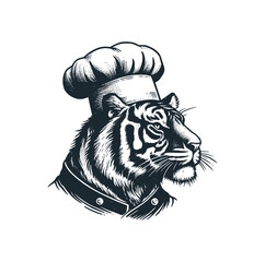 Wall Mural - The tiger chef. Black white vector logo illustration. 