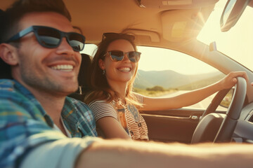  Smiling young couple enjoying a sunny road trip in their convertible, embodying freedom and adventure.