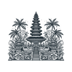 Sticker - The Bali island temple. Black White vector illustration.