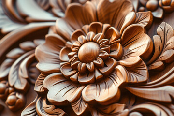 Exquisite wooden carving featuring intricate floral designs, showcasing expert craftsmanship and rich artistic detail.