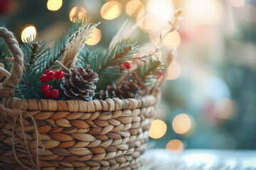 Canvas Print - Warm and cozy holiday basket filled with pine cones, greenery, and twinkling lights, capturing the essence of festive cheer.