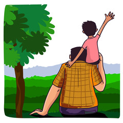 Canvas Print - Back View Son Sitting on His Father Shoulder in Front of Greenery Garden, Happy Father's Day Concept.