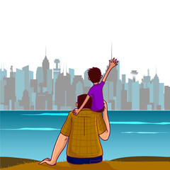 Poster - Your Are The Best Dad Message Father's Day Greeting Card, Back View of Little Child Sit on Father Shoulder at Cityscape Beach illustration.