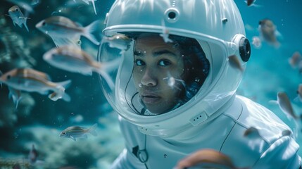 Wall Mural - A woman wearing a white suit and helmet under water with fish